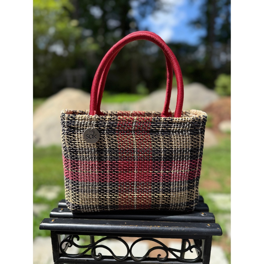 The Sak Vintage Woven Plaid Small Tote Bag Red White Navy July 4th